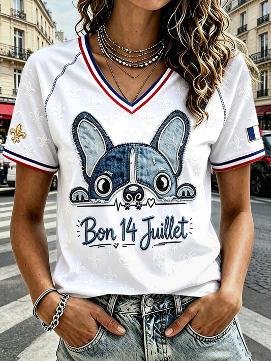 T-shirt décontracté à col en V pour femme, imprimé patchwork avec un bouledogue français, pour la fête nationale française