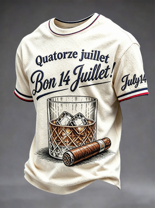 T-shirt décontracté pour homme, imprimé bière, style vintage, fête nationale française