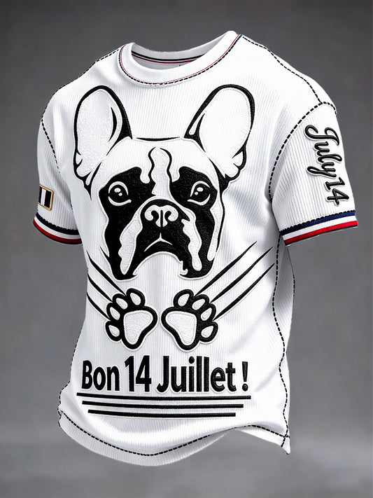 T-shirt décontracté blanc pour hommes, motif patchwork bouledogue français, fête nationale française (14 juillet)