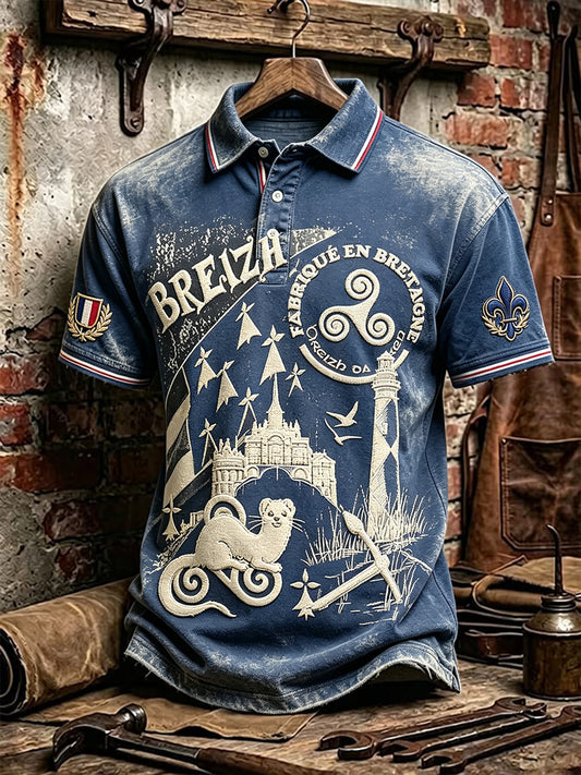 Polo Homme Décontracté Rétro Bleu Profond French Brittany-Print