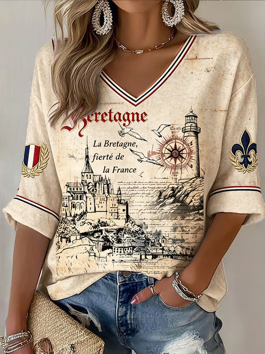 T-shirt décontracté à col en V pour femmes French Brittany Saint-Michel Mountain Print
