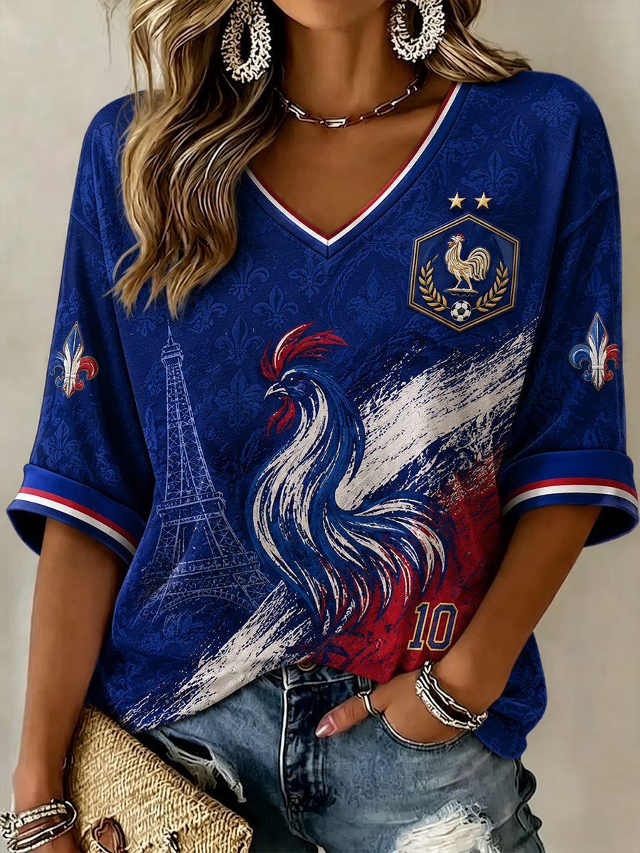 Chemise en lin à col V pour femme, motif France Football