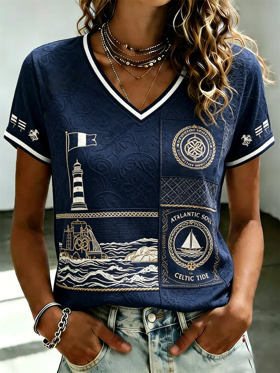 T-shirt à col en V imprimé celtique de Bretagne pour femmes