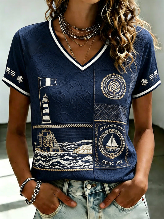 T-shirt à col en V imprimé celtique de Bretagne pour femmes