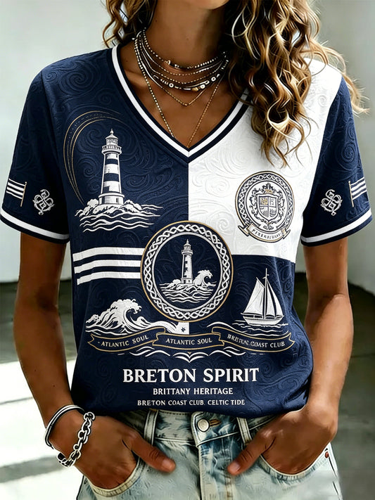 T-shirt à col en V imprimé celtique de Bretagne pour femmes