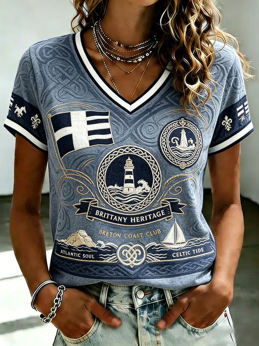 T-shirt à col en V imprimé celtique de Bretagne pour femmes