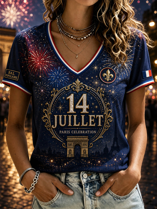 T-shirt femme français pour la Fête nationale, col en V, épaules dénudées, manches courtes