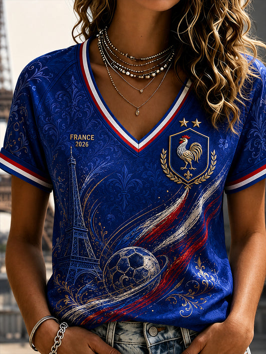 T-shirt femme France Football à col en V et épaules dénudées, manches courtes