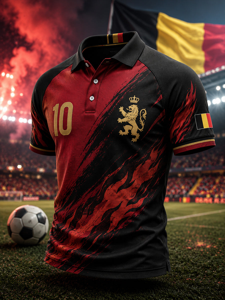 Polo raglan à manches courtes pour homme, orné d’un imprimé aux motifs de flammes et de football