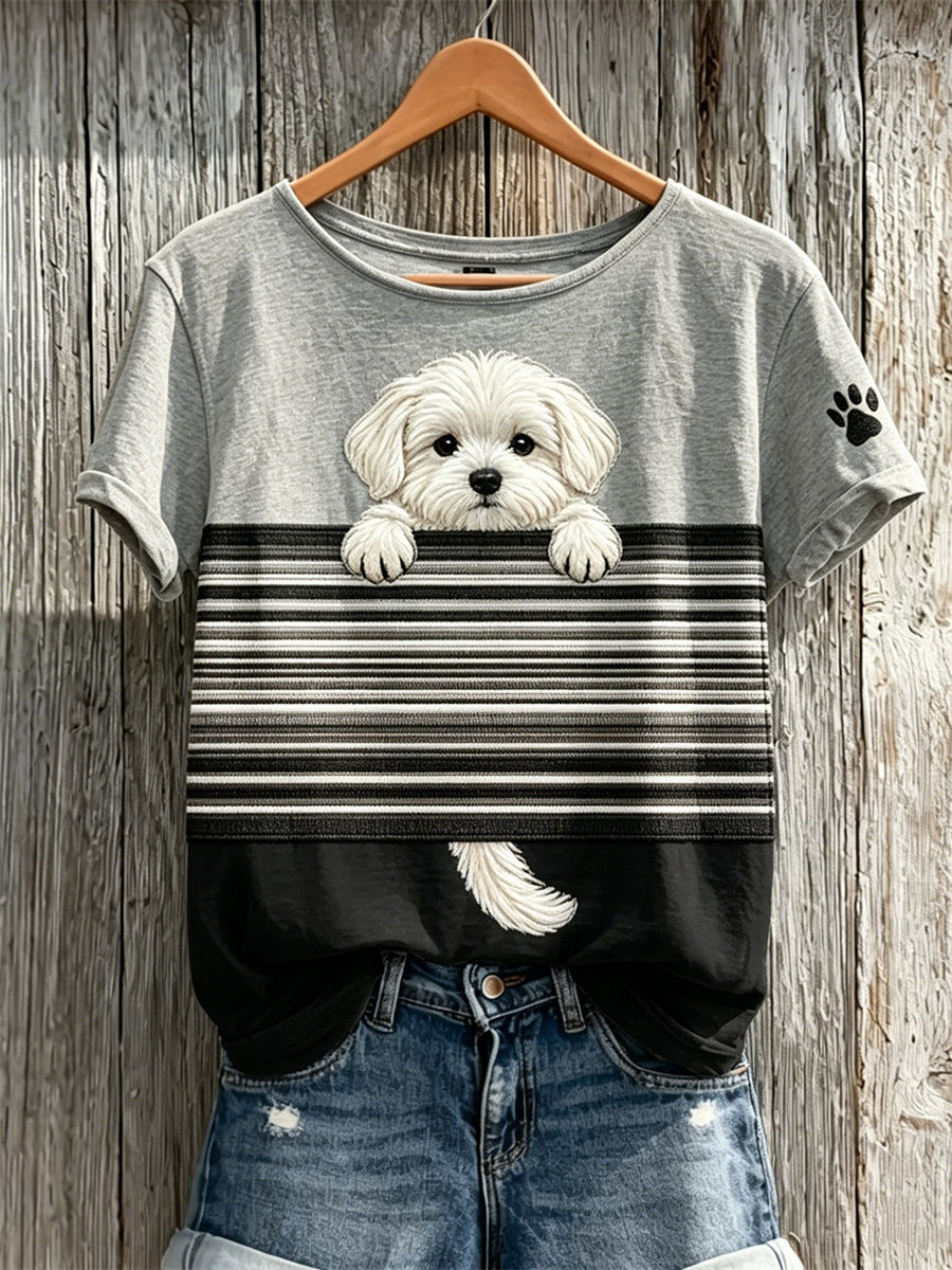 Peeking Maltese Dog Colorblock T-shirt Femme à manches courtes