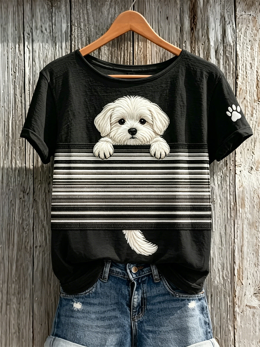 Peeking Maltese Dog Colorblock T-shirt Femme à manches courtes