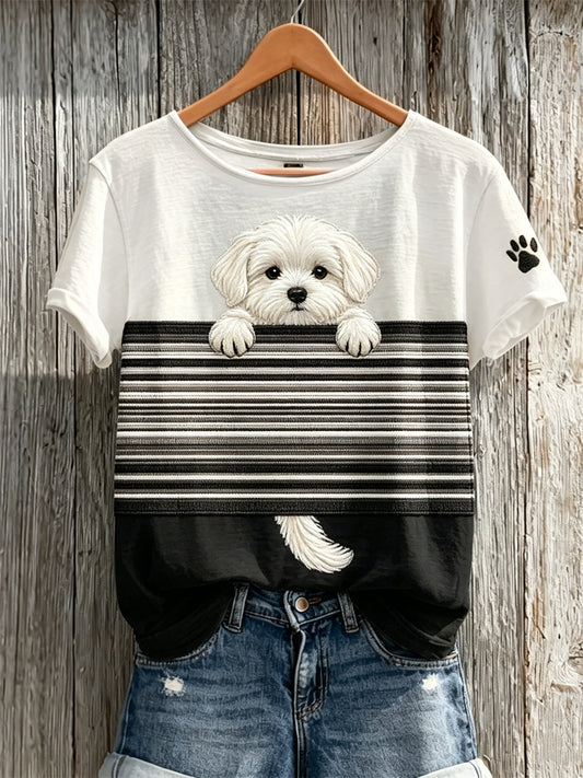 Peeking Maltese Dog Colorblock T-shirt Femme à manches courtes