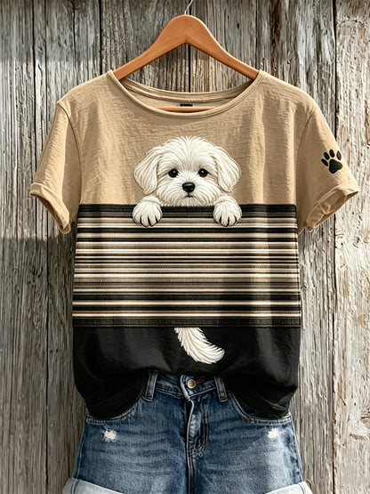 Peeking Maltese Dog Colorblock T-shirt Femme à manches courtes