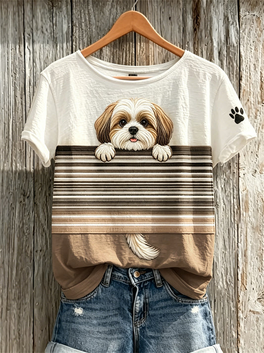 T-shirt manches courtes Peeking Shih Tzu Dog & Paw Print Colorblock Femme