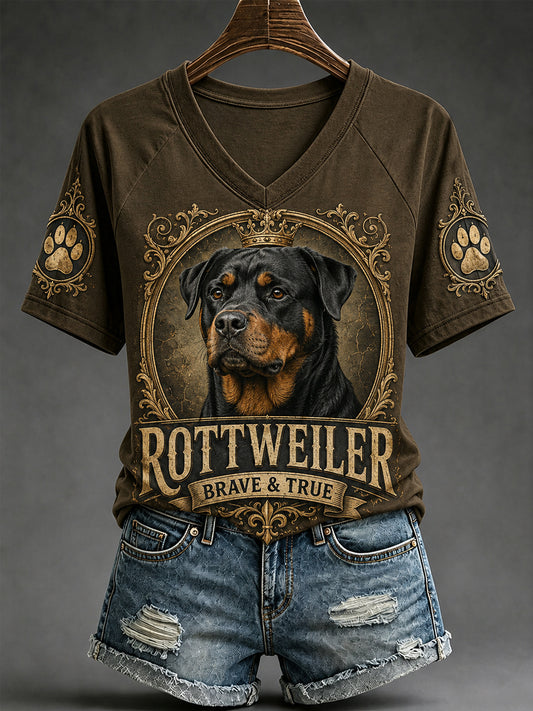 T-shirt décontracté à col en V pour femme, imprimé chien rétro
