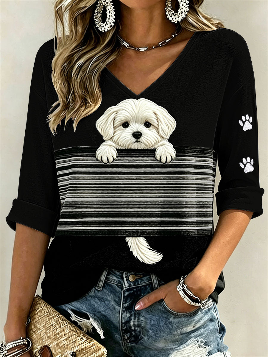 Peeking Maltese Dog & Paw Prints Colorblock Imprimer T-shirt manches mi-longues col en V