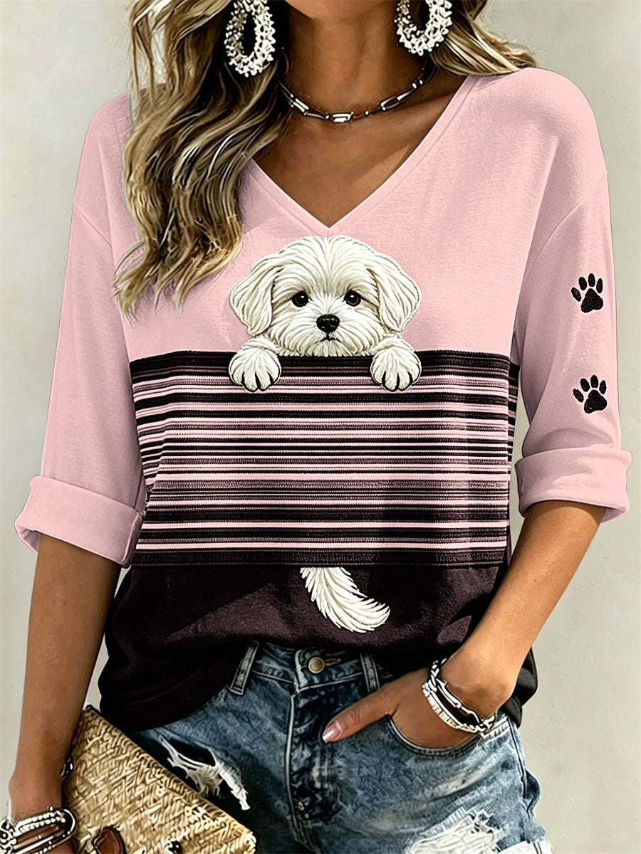 Peeking Maltese Dog & Paw Prints Colorblock Imprimer T-shirt manches mi-longues col en V