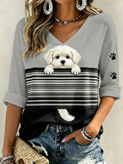 Peeking Maltese Dog & Paw Prints Colorblock Imprimer T-shirt manches mi-longues col en V