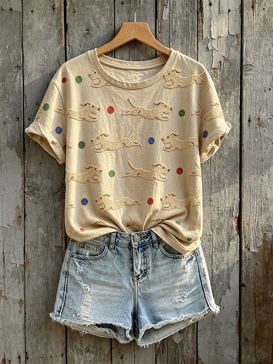 T-shirt à manches courtes imprimé chiens mignons pour femmes
