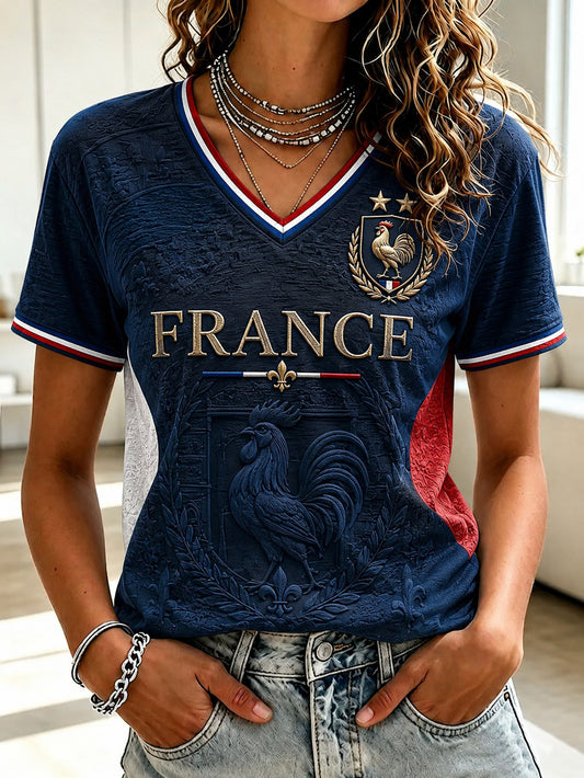 T-shirt à col en V imprimé France Football pour femme