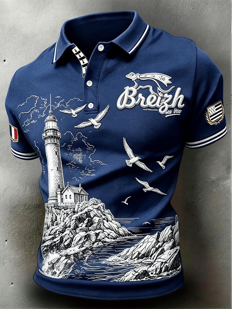 Polo pour homme bleu foncé à imprimé breton français