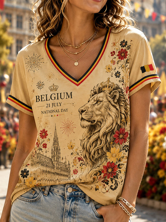T-shirt à manches courtes col en V imprimé sur le thème de la fête nationale pour femme