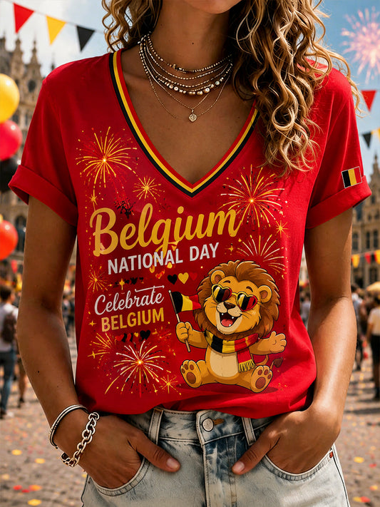 T-shirt à manches courtes et col en V, imprimé sur le thème de la Journée nationale des femmes