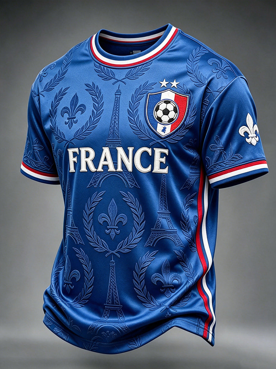 T-shirt vintage pour hommes avec impression artistique du football français, manches courtes