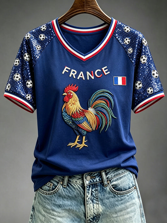 T-shirt femme à col en V et manches courtes, motif artistique de coq français à paillettes