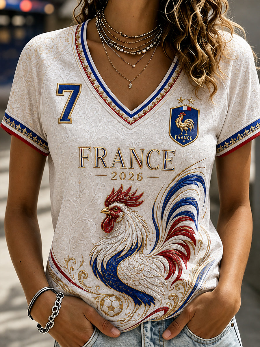 T-shirt femme France Football à col en V et épaules dénudées, manches courtes