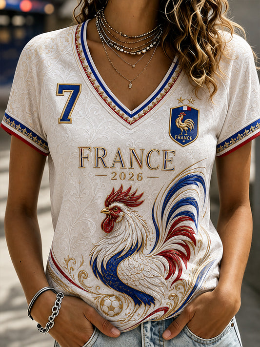 T-shirt femme France Football à col en V et épaules dénudées, manches courtes