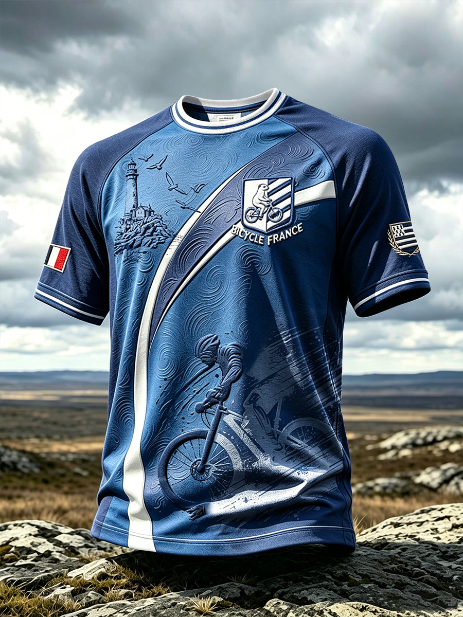 T-shirt décontracté pour homme, bleu foncé, à rayures bretonnes, motif cyclisme
