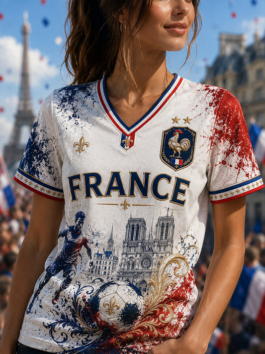 T-shirt à col en V commémoratif patriotique français pour femmes