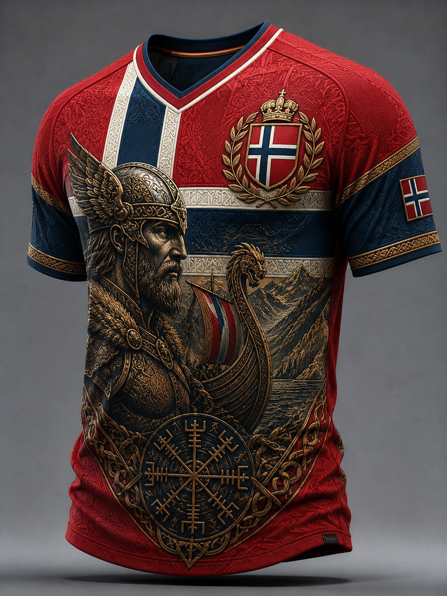 T-shirt à col en V rétro norvégien Viking Warrior Art