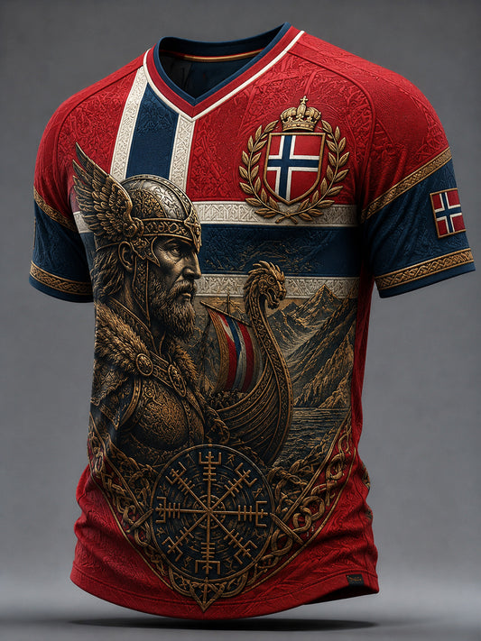 T-shirt à col en V rétro norvégien Viking Warrior Art