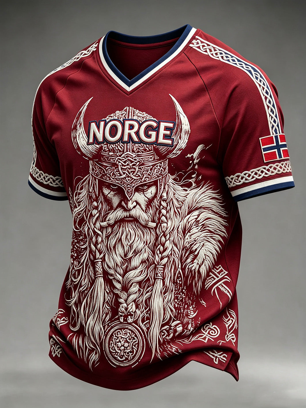 T-shirt à col en V imprimé rétro motif viking norvégien pour hommes