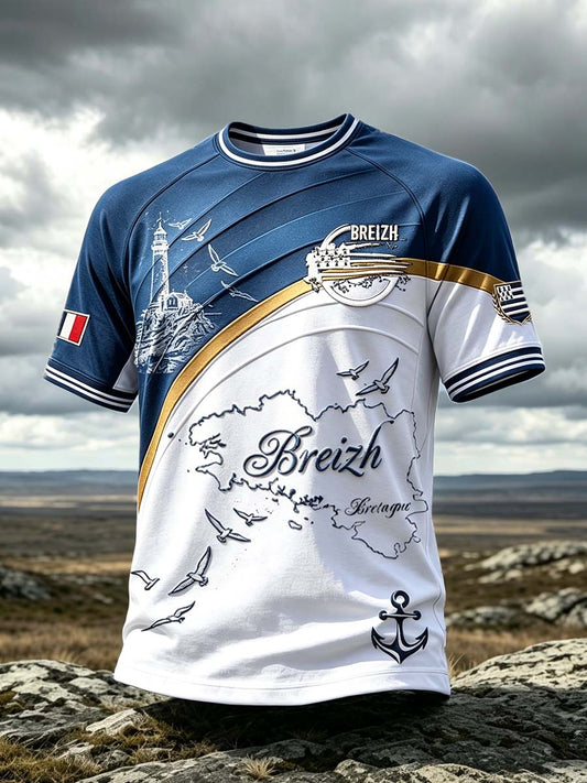 T-shirt décontracté imprimé carte de phare de Bretagne française pour hommes