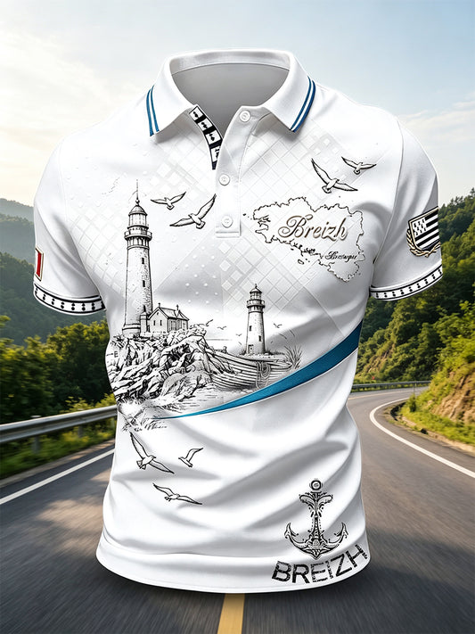 Polo Homme Blanc Style Breton Imprimé Phare Décontracté