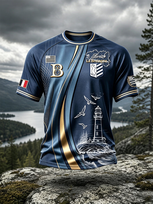 T-shirt décontracté à imprimé de phare de Bretagne française bleu profond pour hommes