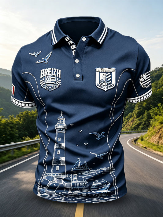 Polo décontracté à imprimé de phare French Brittany bleu profond pour hommes