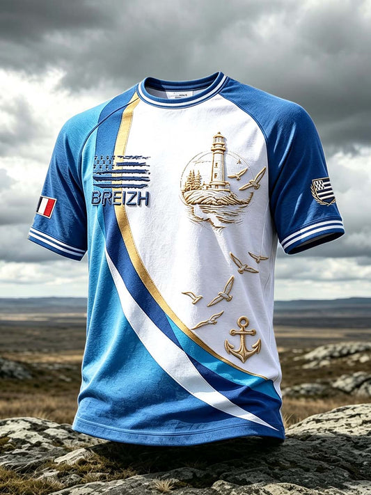 T-shirt décontracté à épaules dénudées avec imprimé phare Bretagne française pour hommes