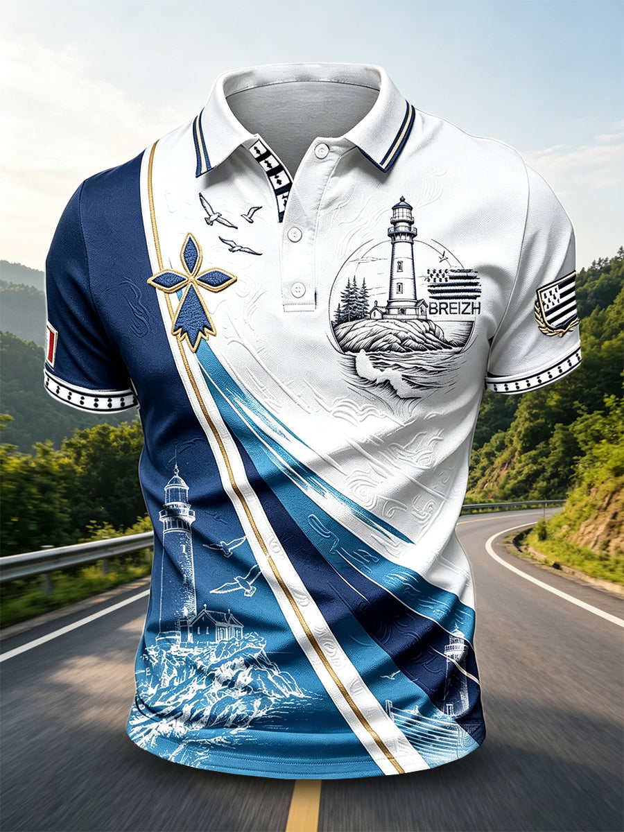 Polo à manches courtes décontracté pour homme French Brittany Lighthouse Print