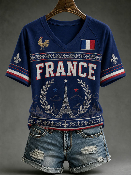 T-shirt à col en V pour femme, modèle français