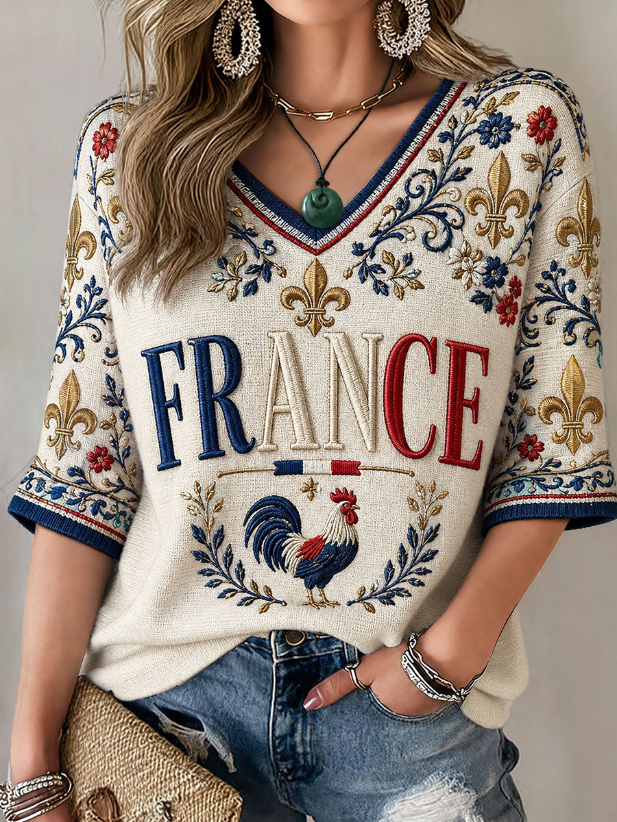 T-shirt femme France mi-long à manches et col en V