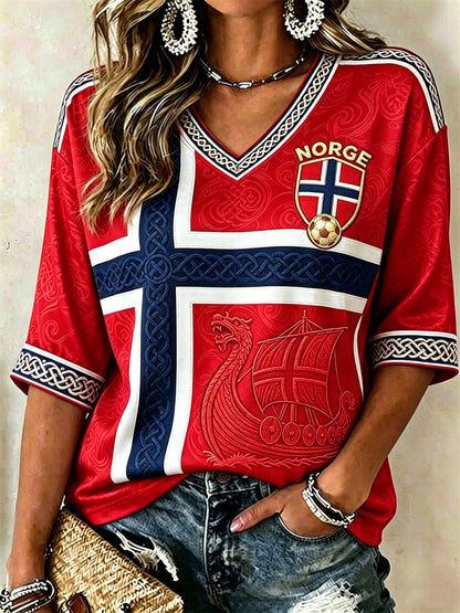 Femmes Norvège Football Viking Navire Celtique Drapeau Colorblock Imprimer Mi-longueur Manches V-Neck T-Shirt