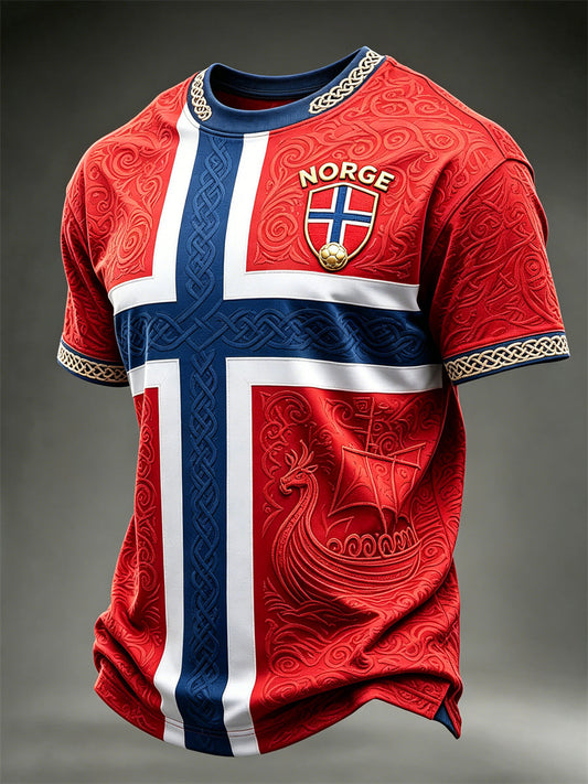 T-shirt à manches courtes pour hommes Viking Ship Norway Football & Flag Colorblock Print