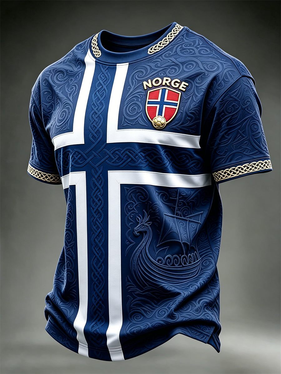 T-shirt à manches courtes pour hommes Viking Ship Norway Football & Flag Colorblock Print