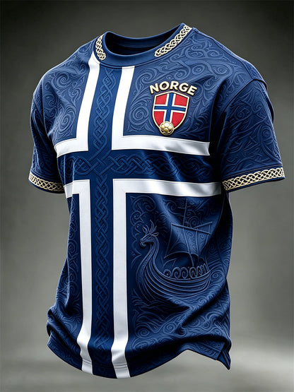 T-shirt à manches courtes pour hommes Viking Ship Norway Football & Flag Colorblock Print