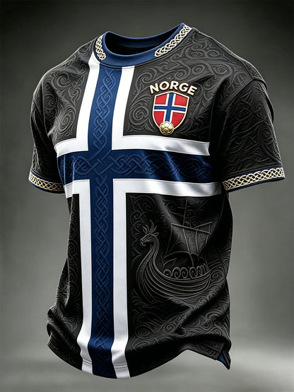 T-shirt à manches courtes pour hommes Viking Ship Norway Football & Flag Colorblock Print