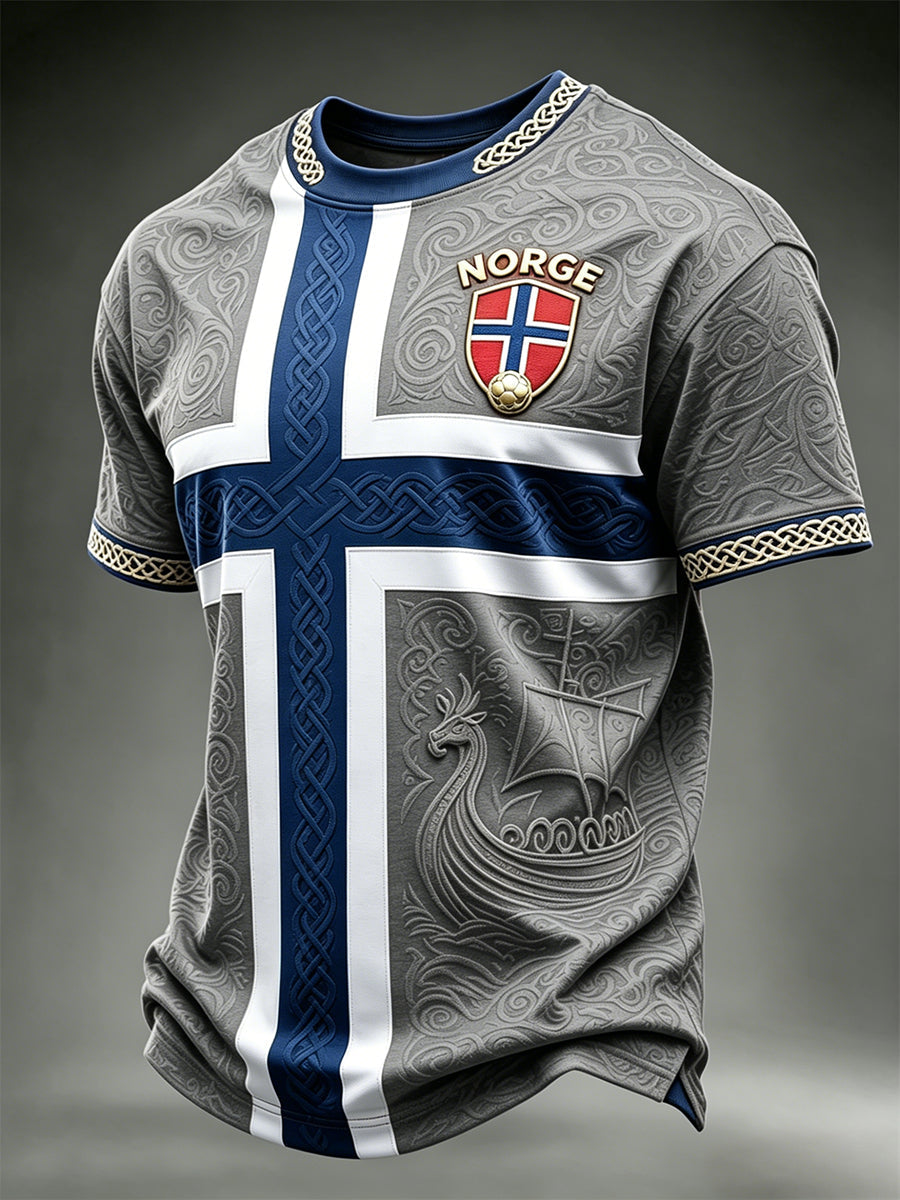 T-shirt à manches courtes pour hommes Viking Ship Norway Football & Flag Colorblock Print